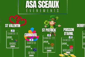 Frise chronologique d'événements pour la nouvelle saison de match retour de l'ASA Sceaux Basket. Epiphanie le samedi 18 contre Reims, la saint Valentin le samedi 8 février, le carnaval le samedi 1 mars, la saint Patrick le samedi 22 mars, le Poisson d'avril le samedi 12 avril et le derby francilien le samedi 2 mai