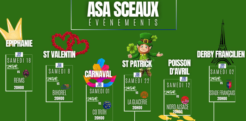 Frise chronologique d'événements pour la nouvelle saison de match retour de l'ASA Sceaux Basket. Epiphanie le samedi 18 contre Reims, la saint Valentin le samedi 8 février, le carnaval le samedi 1 mars, la saint Patrick le samedi 22 mars, le Poisson d'avril le samedi 12 avril et le derby francilien le samedi 2 mai